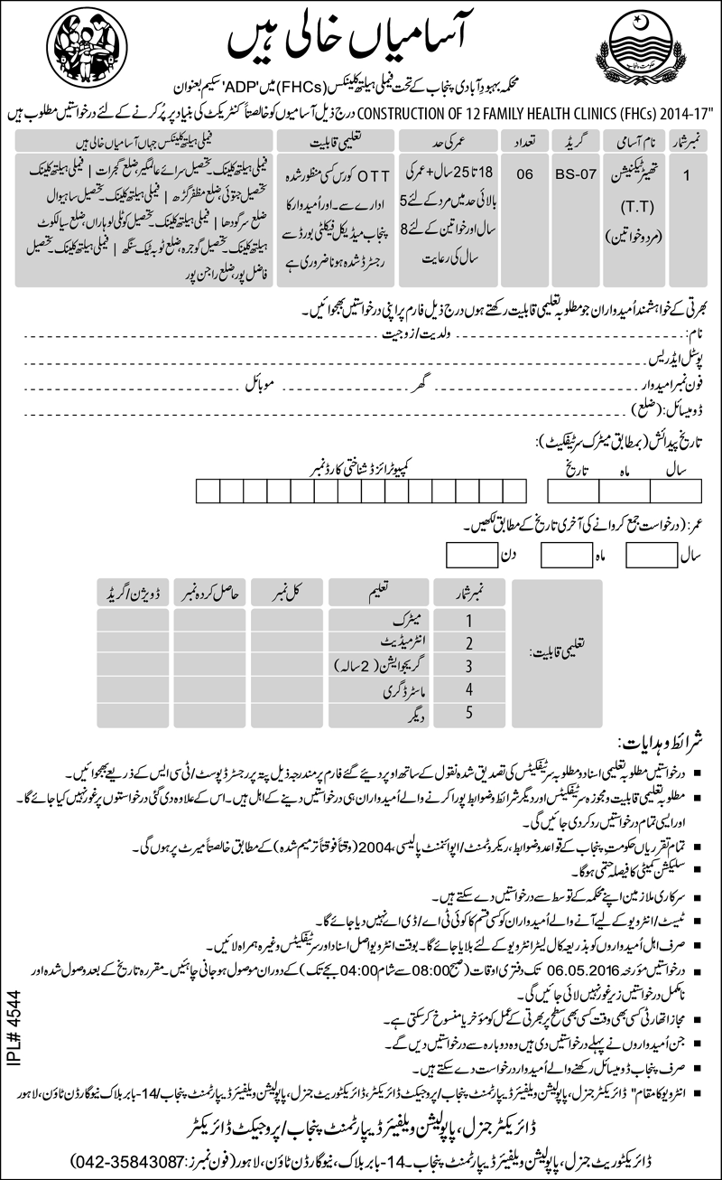 Population Welfare Department Punjab GOVT Technical Male/Female Jobs 2023 Application Form