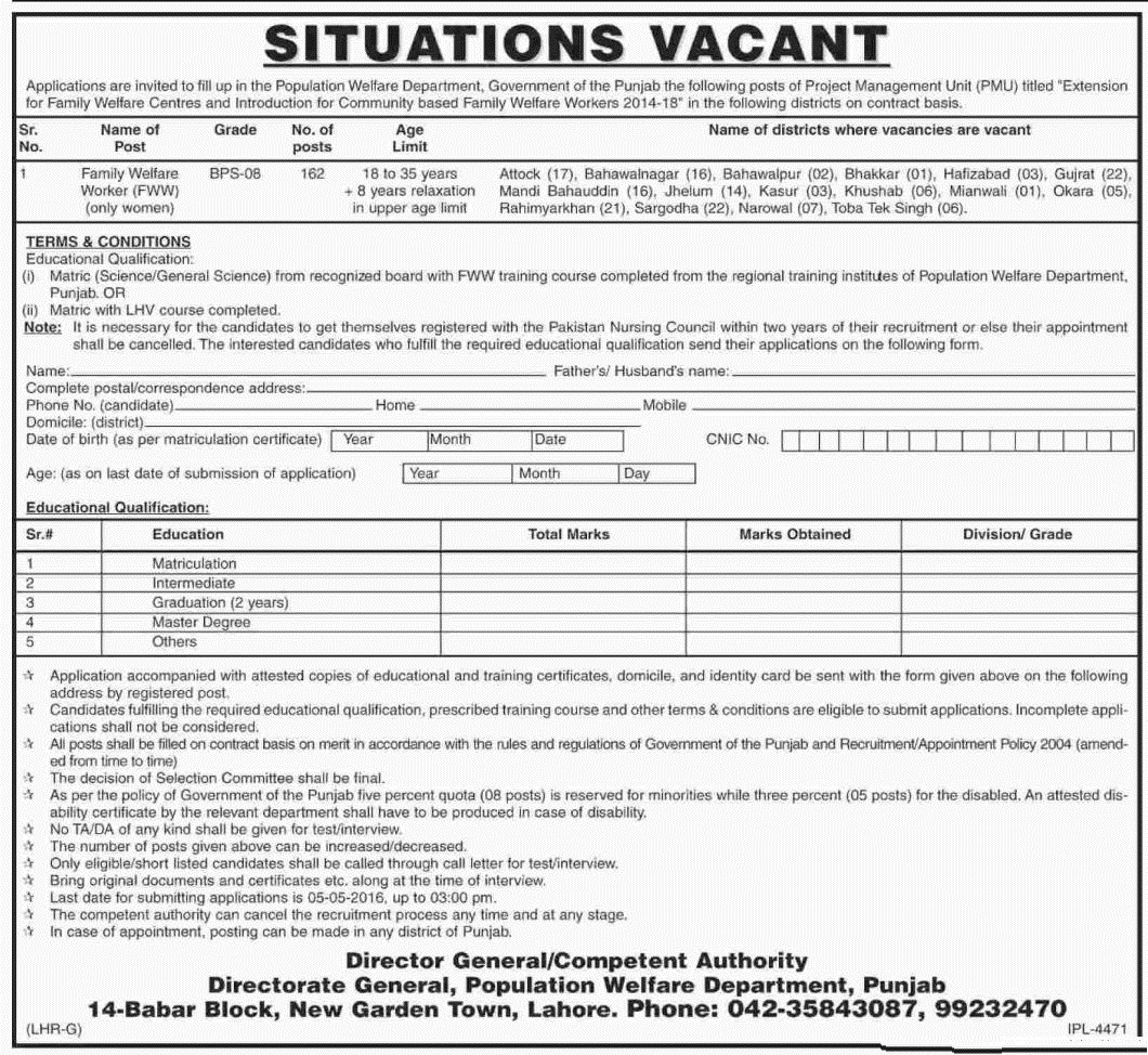 Punjab Population Welfare Department Lahore Family Welfare Jobs 2024 Advertisement Form