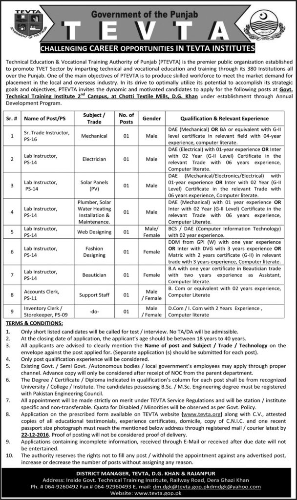 TEVTA Rawalpindi Clerk, Principal, Teacher Jobs Male/Female April 2023 Ads Application Form