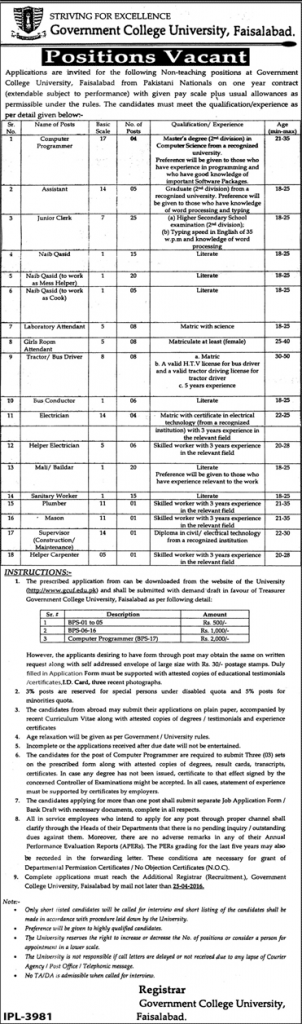 Junior Clerk, Electrician, Sanitary Worker Jobs 2023 in GOVT College University Faisalabad Application Form 