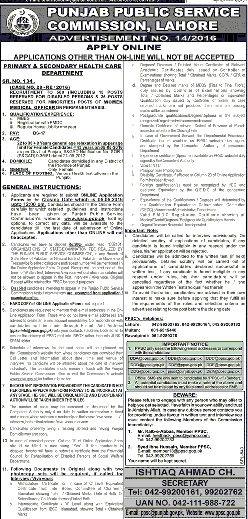 Women Medical Officer PPSC Jobs Form 2023 For General, Jinnah, Meao, Hospital Lahore