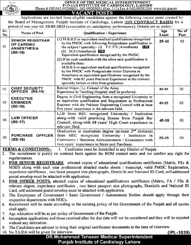 Punjab Institute Of Cardiology Lahore Jobs 2024