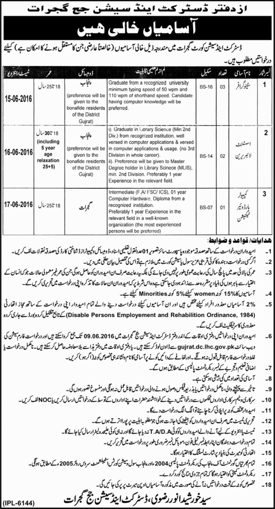 District And Session Court Gujrat Jobs 2023 Stenographer, Librarian Form
