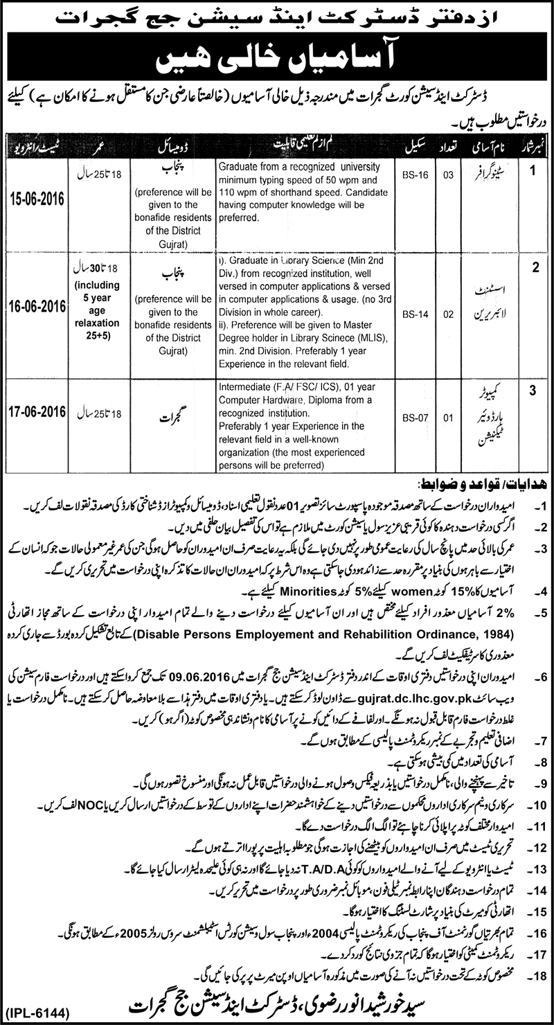 District And Session Court Gujrat Jobs 2023 Stenographer, Librarian Form