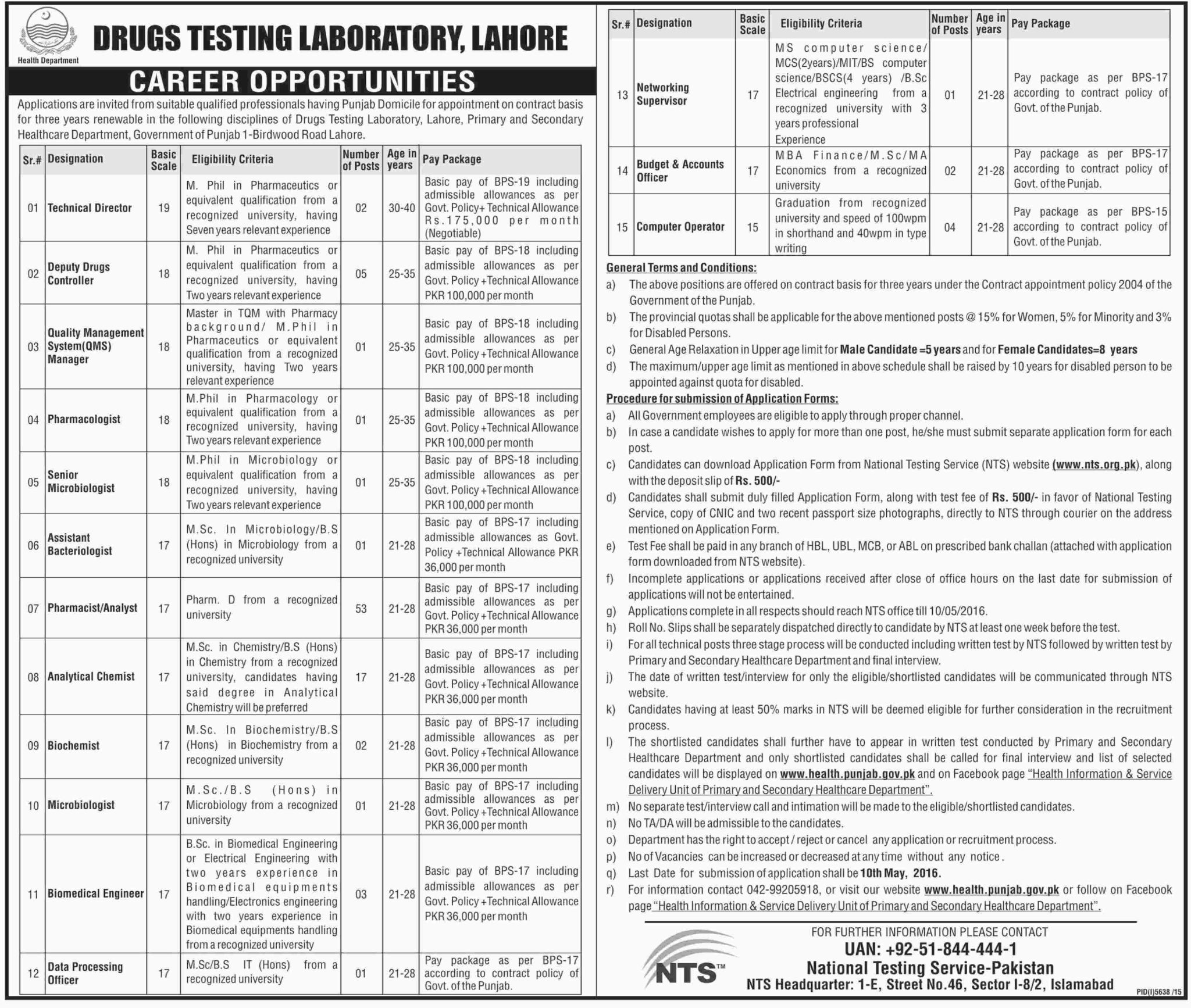 Drugs Testing Laboratory Lahore Jobs 2023 NTS Application Form Download