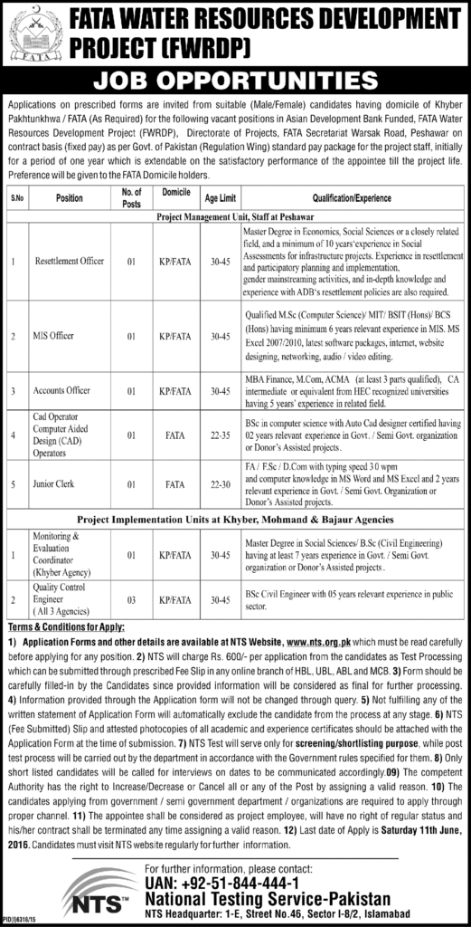 FWRDP NTS May Jobs 2024 FATA Water Resources Development Form Ads