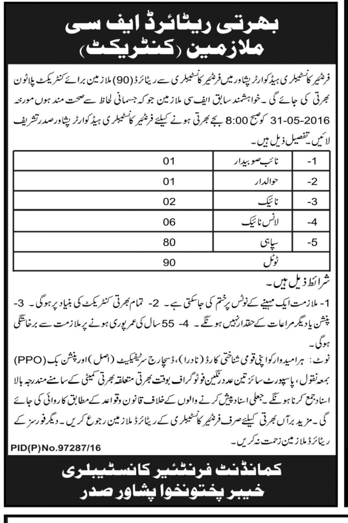 Frontier Constabulary Peshawar Jobs 2024 Police Vacancies Download Form Advertisement