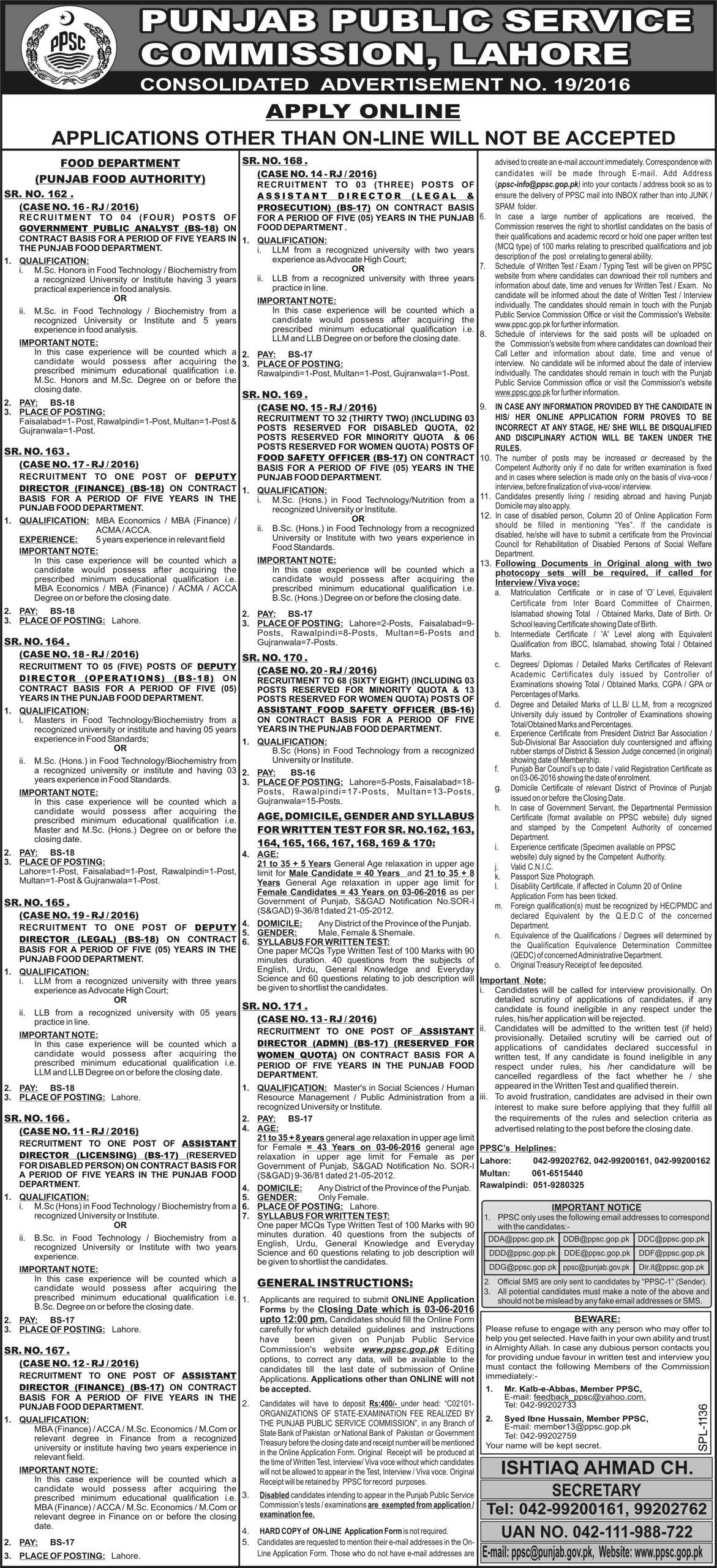 PPSC Food Safety Officer, Assistant May Jobs 2023 Online Apply Form Registration