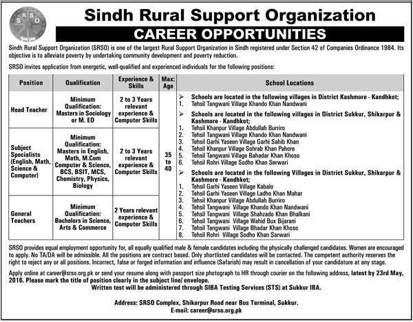 Sindh Rural Support Organization SRSO Teachers Jobs 2024 Apply Online