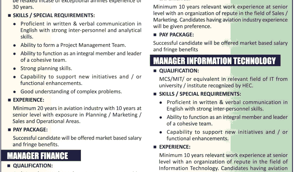 Pakistan Airways Limited May Jobs 2016 Male, Female 