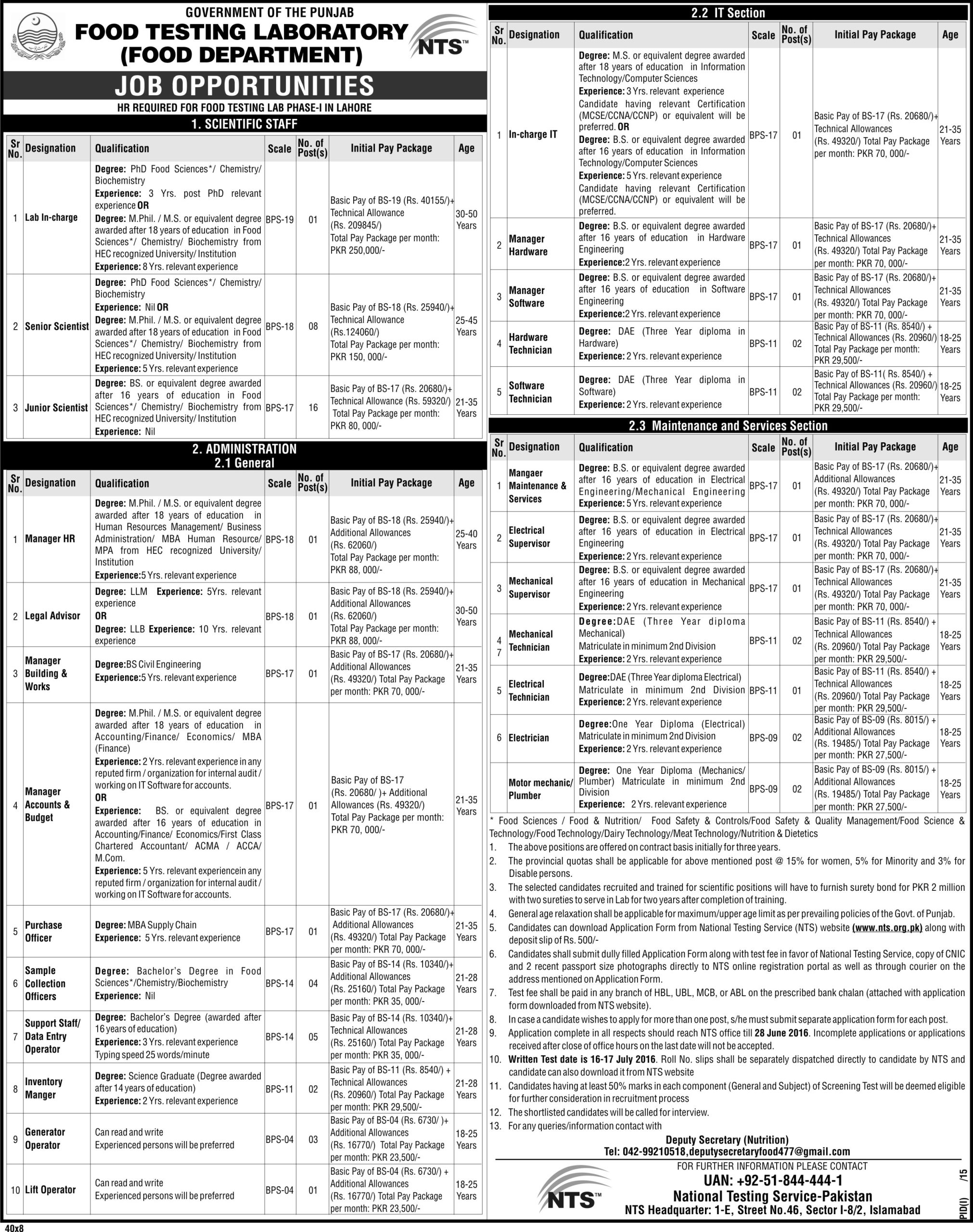 Food Testing Laboratory Jobs 2023 NTS Application Form June Advertisement