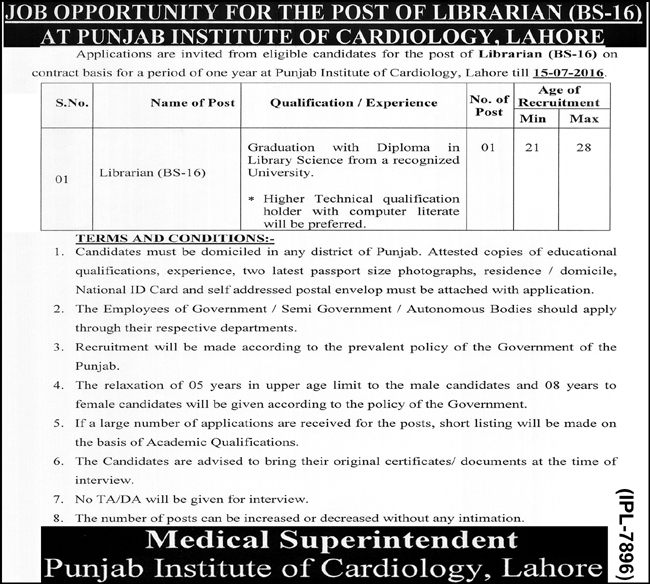 GOVT Librarian Male/Female Jobs 2023 In Punjab Cardiology Hospital Lahore