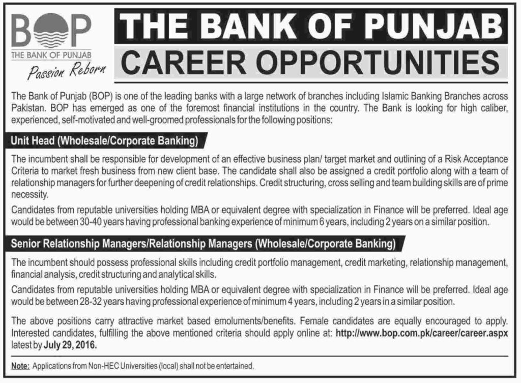 Bank Of Punjab Jobs 2023 BOP Unit Head, Relationship Manager July Form 