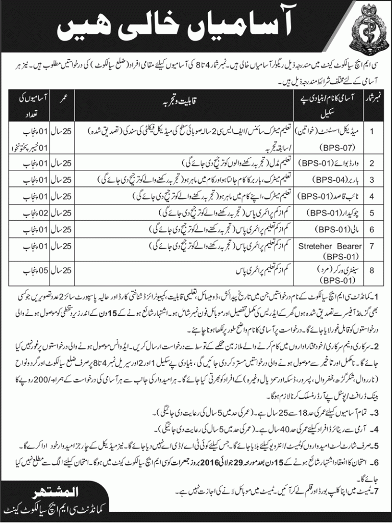 CMH Sialkot Cantt Jobs 2023 Medical Assistant Female Application Form