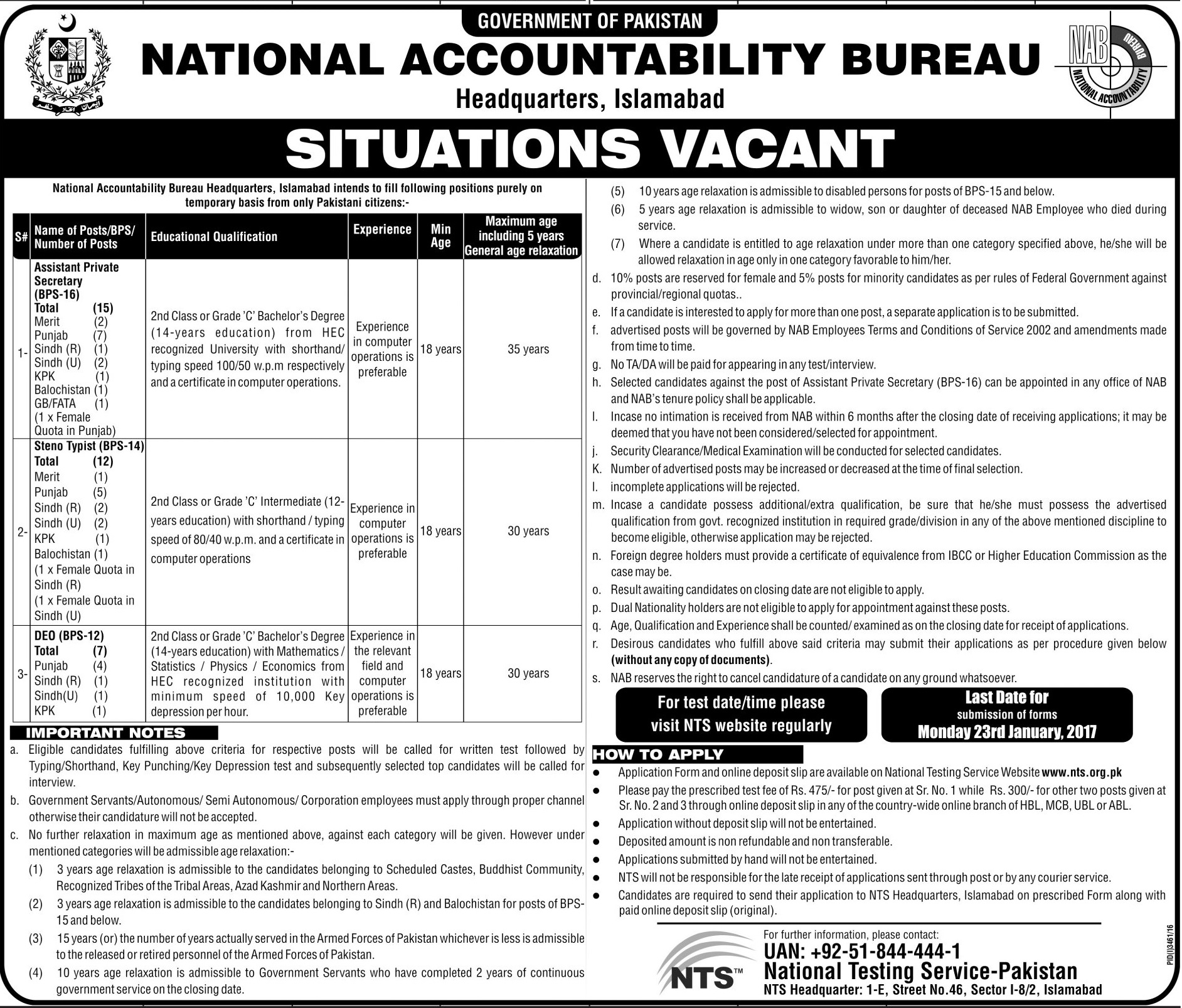 NAB Islamabad NTS Jobs 2023 Application Form Jang Sunday Advertisement