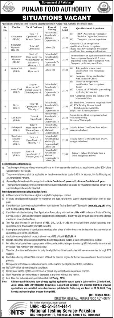 Punjab Food Authority NTS Jobs 2024 Accountant, Clerk, Data Entry Vacancies Form