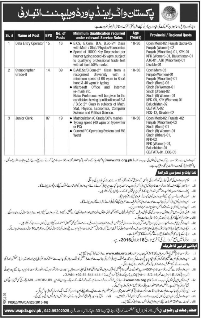 WAPDA NTS Jobs 2024 Data Entry, Stenographer, Junior Clerk July Advertisement