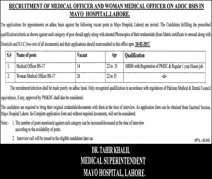 Mayo Hospital Lahore Women/Male Medical Officer Jobs 2023 Advertisement Form