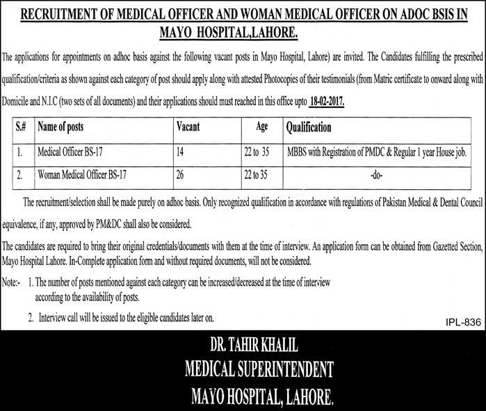 Mayo Hospital Lahore Women/Male Medical Officer Jobs 2024 Advertisement Form