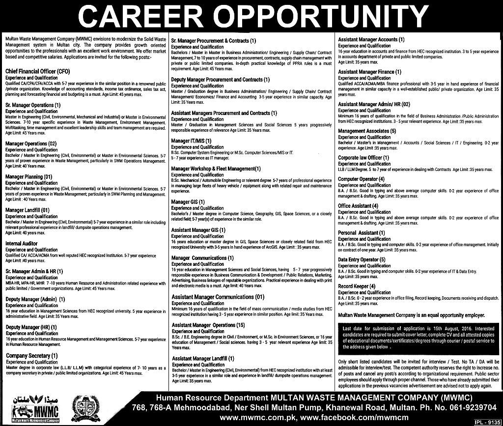 Multan Waste Management Company Jobs 2023 MWMC August Application Form 
