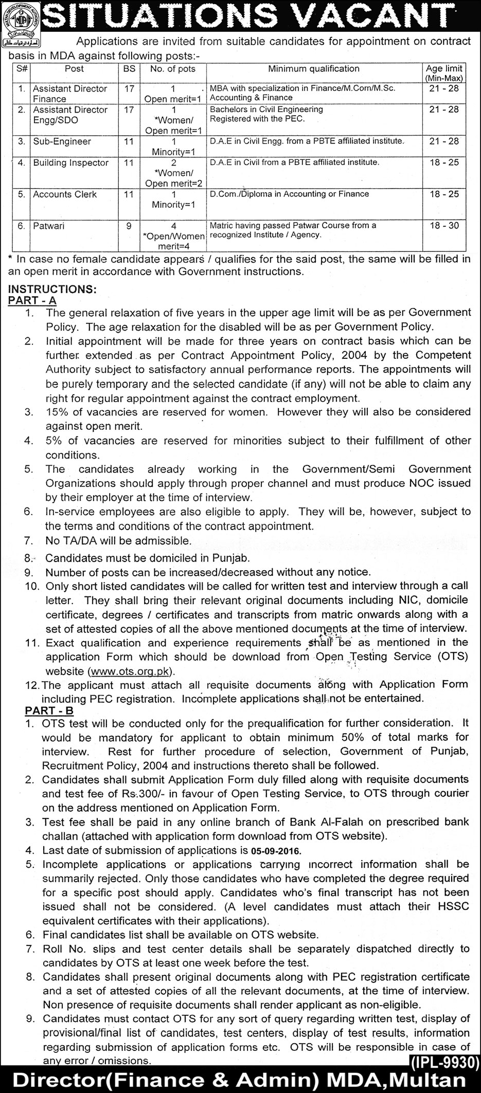 Multan Development Authority MDA Jobs 2023 Application Form August Advertisement