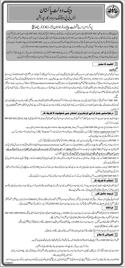 Bank Dolat Pakistan Jobs 2024 OG-2 Batch 6 Azad Kashmir SBP BSC Vacancies