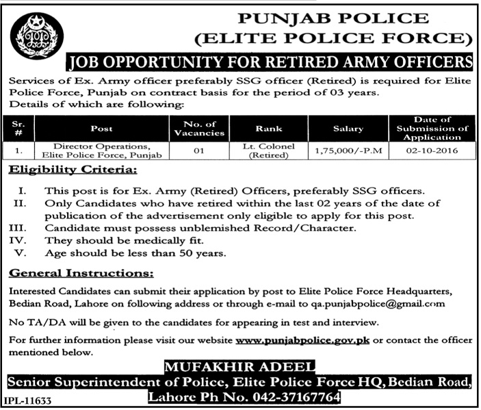 Elite Force Punjab Police Jobs 2023 October Advertisement Application Form 
