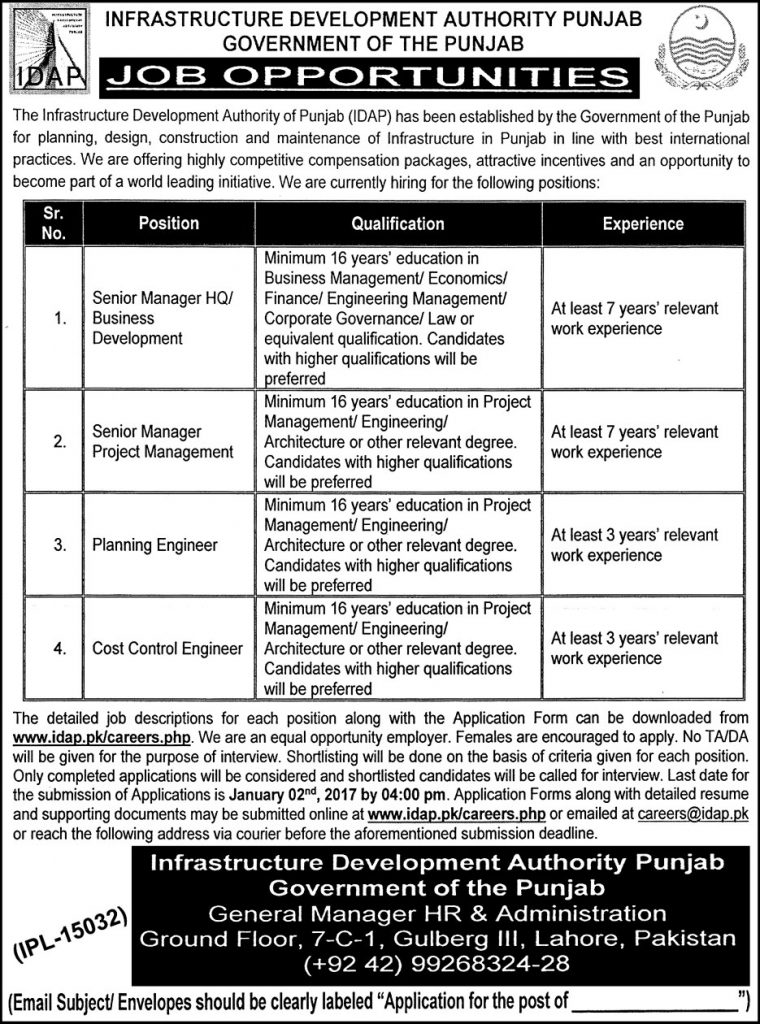Infrastructure Development Authority Punjab Jobs 2023 January Application Form