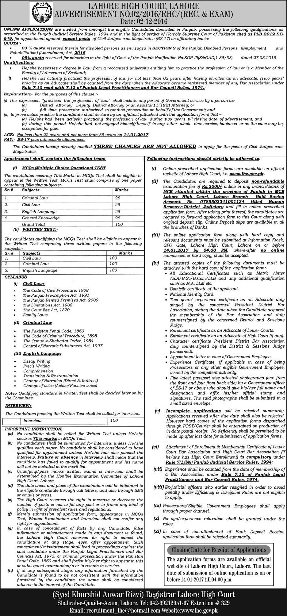 Lahore High Court Jobs 2024 Advertisement Application Form