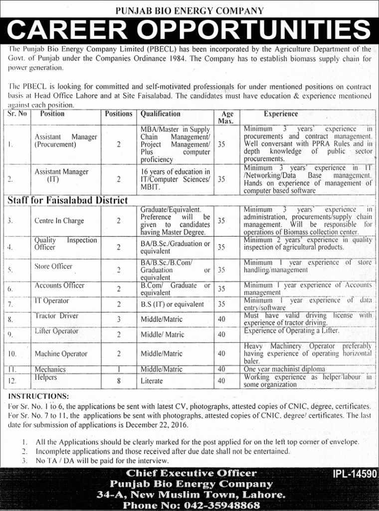 Punjab Bio Energy Company Lahore Jobs 2023 December Advertisement