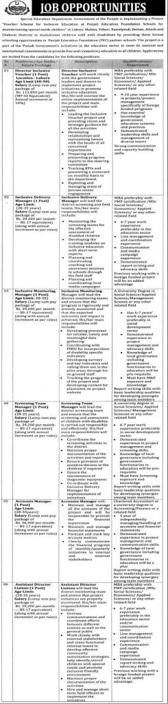 Special Education Department Lahore Jobs 2024 September Advertisement