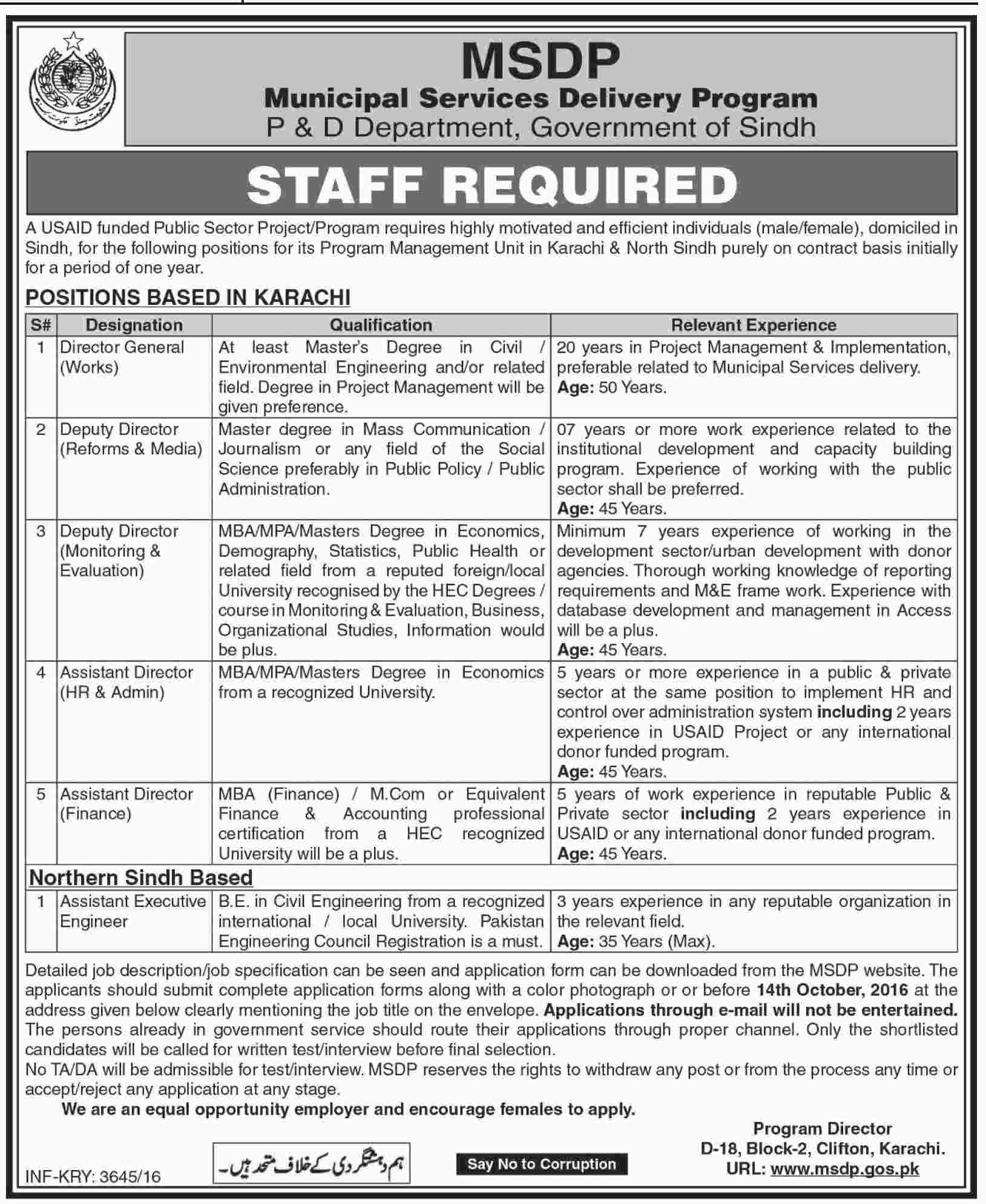 Government of Sindh USAID Jobs 2023 MSDP Planning Development Department