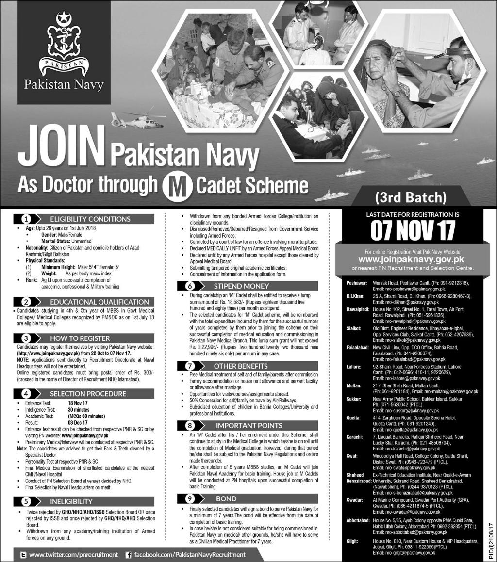 Join Pak Navy Doctor Jobs 2023 M Cadet Scheme 3rd Batch Online Registration www.joinpaknavy.pk