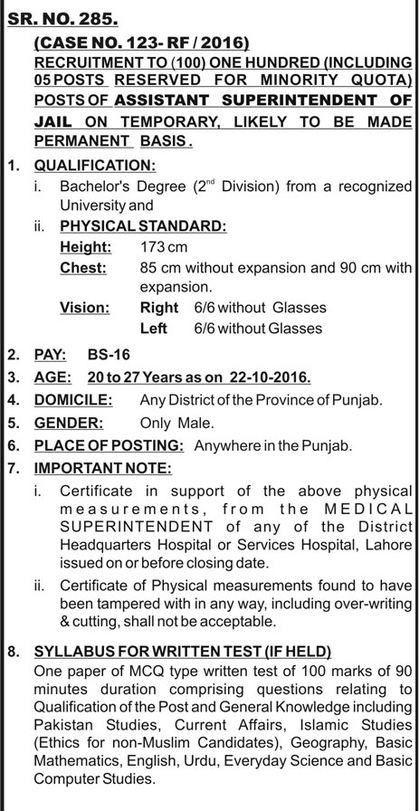 PPSC Assistant Superintendent Jail Jobs 2023 October Advertisement