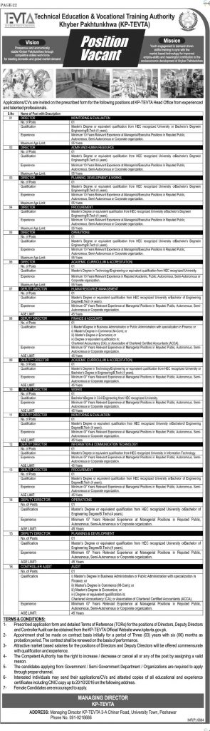 TEVTA Pakistan jobs 2024 in KPK Application Form October Latest Advertisement