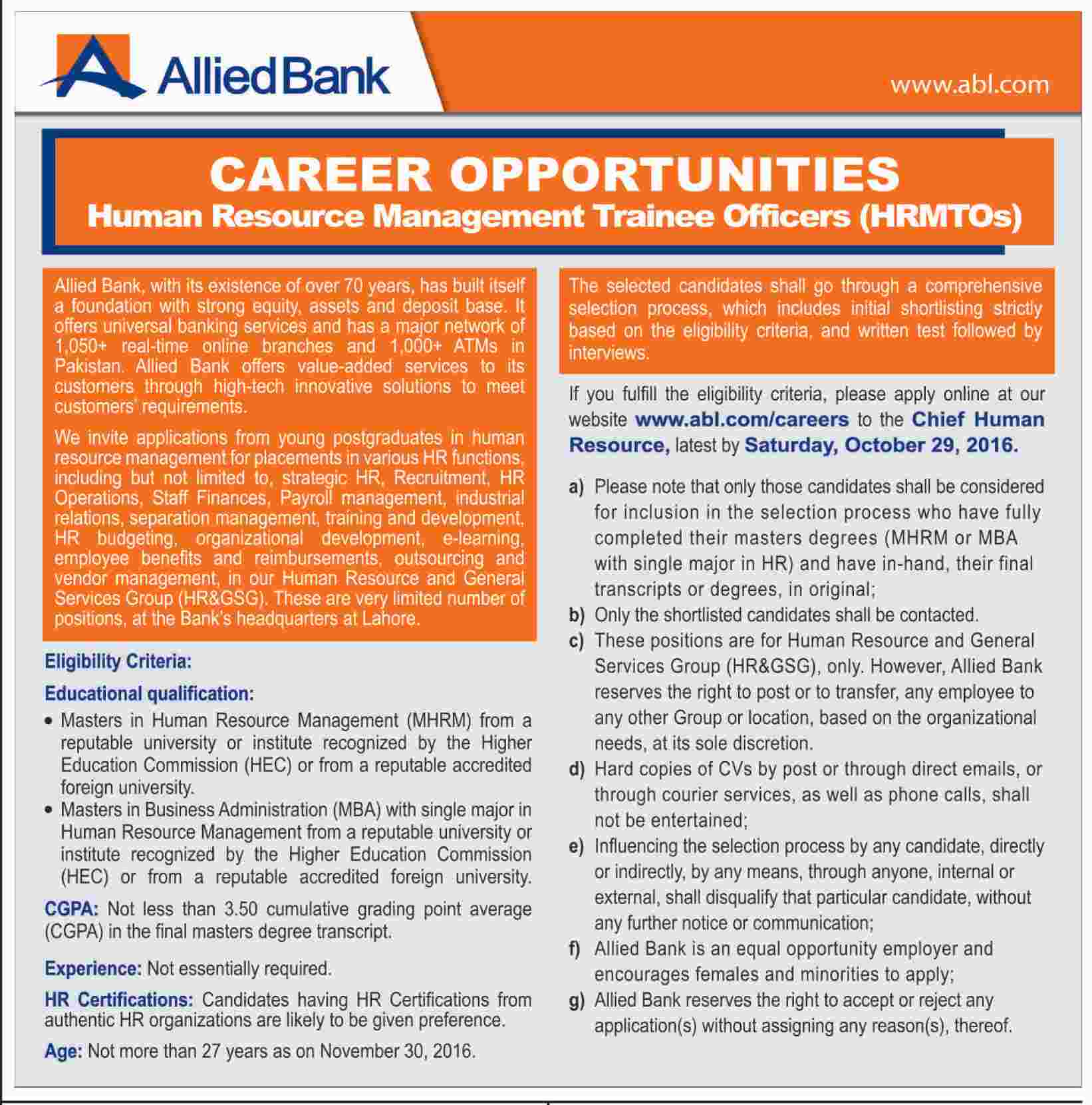 Allied Bank MTO Trainee Officer Jobs 2023 ABL Application Form www.abl.com