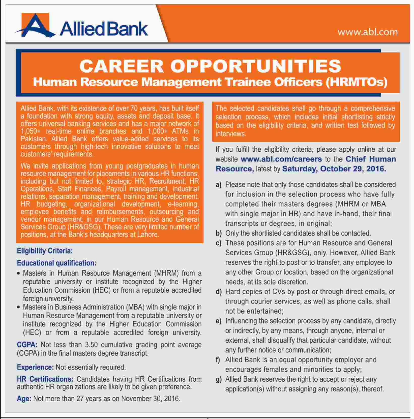 Allied Bank MTO Trainee Officer Jobs 2024 ABL Application Form www.abl.com