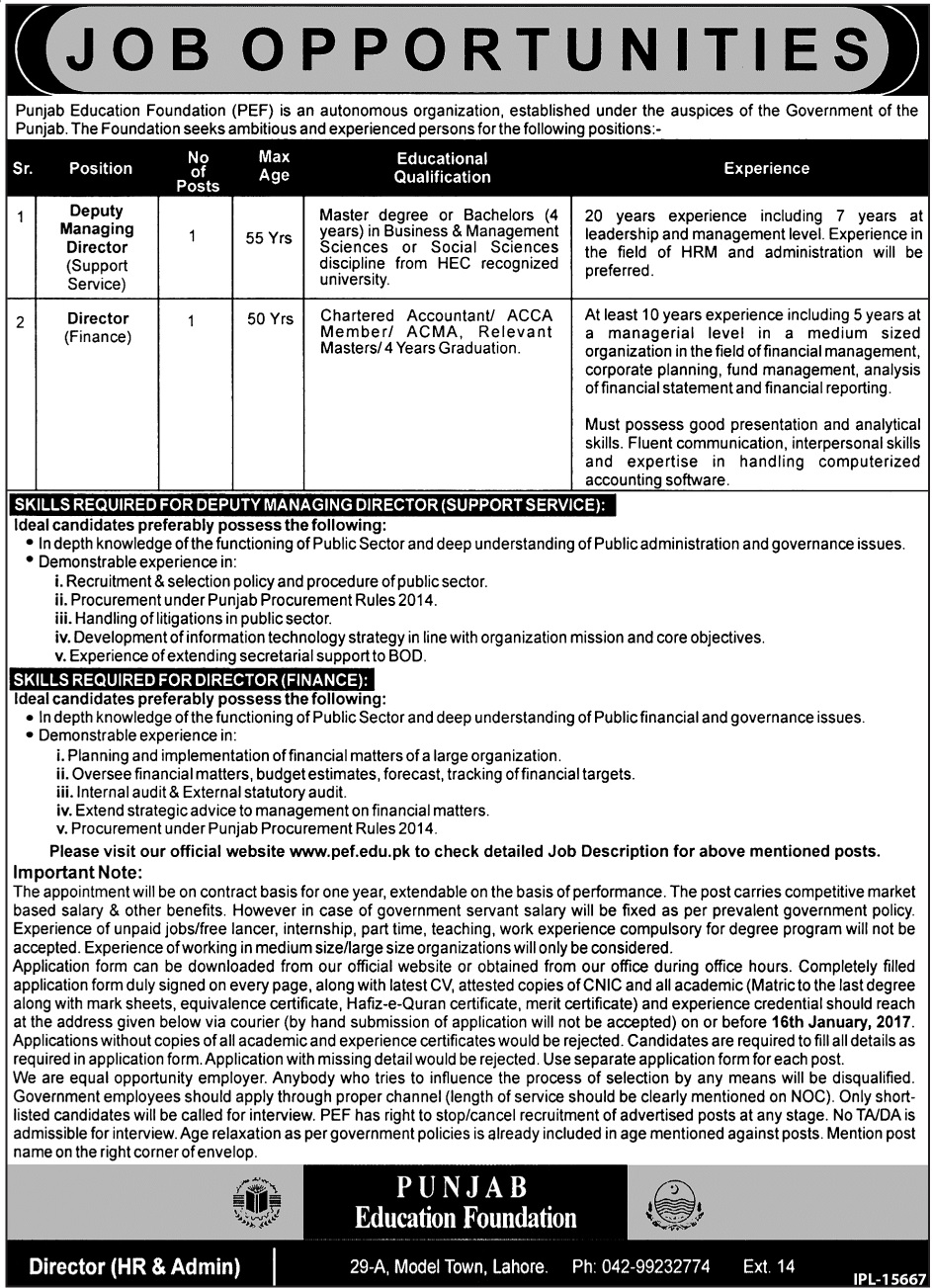 Punjab Education Foundation Deputy Managing Director Jobs 2024 January Application Form