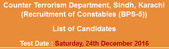 Counter Terrorism Department Sindh Karachi Constable Jobs NTS Test Result 2023 24th December