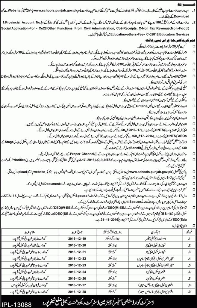 District Sheikhupura Educators Jobs 2024 November Advertisement NTS Test 