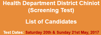 Health Department Chiniot Jobs NTS Test Result 2024 20th, 21st May
