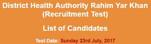Health Department Rahim Yar Khan NTS Test Result 2023 23rd July