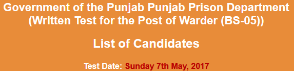 Punjab Prison Department Warder, Lady Warder NTS Test Result 2023 7th May