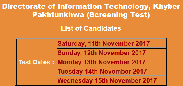 Directorate of Information Technology KPK Peshawar NTS Test Result 2023 11th, 12th, 13th, 14th, 15th November