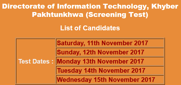 Directorate of Information Technology KPK Peshawar NTS Test Result 2024 11th, 12th, 13th, 14th, 15th November