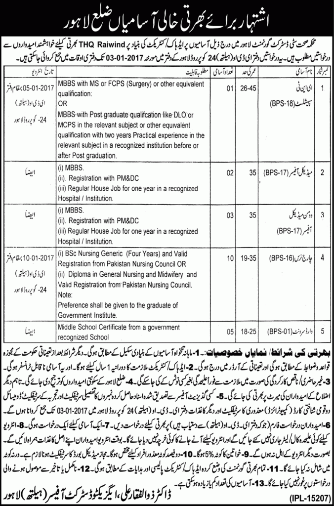 District Lahore Health Department Jobs 2023 Medical/Admin January Advertisement