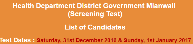 Health Department Mianwali Jobs NTS Test Result 2024-2017 31st December, 1st January