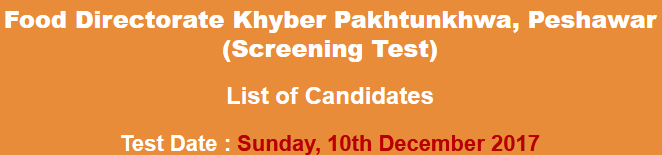 KPK Food Directorate Peshawar Jobs NTS Test Result 2023 10th December