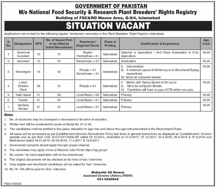 Ministry of National Food Security And Research Jobs 2024