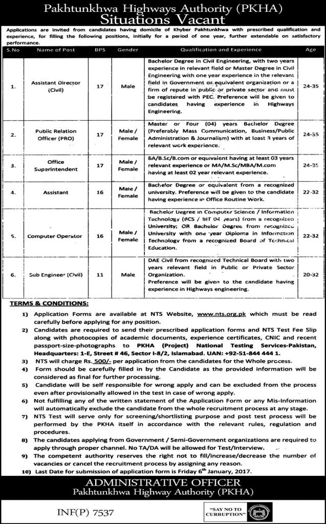 Pakhtunkhwa Highways Authority Peshawar NTS Jobs 2024 PKHA January Advertisement